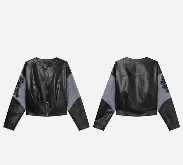 Classic Loose Black Patchwork PU Leather Jacket