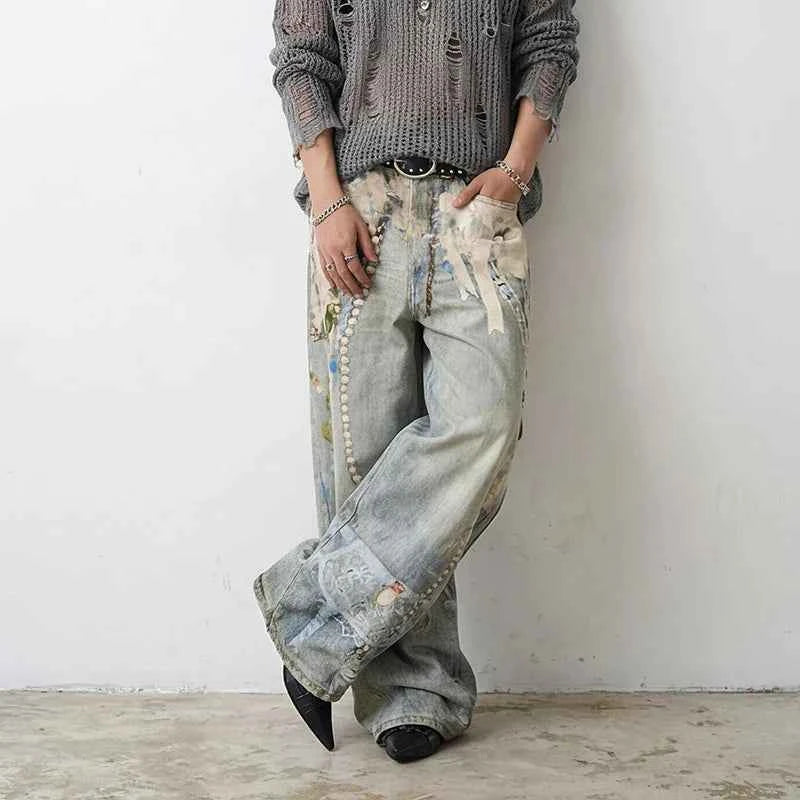 American High Street 3D Print Wide Leg Jeans