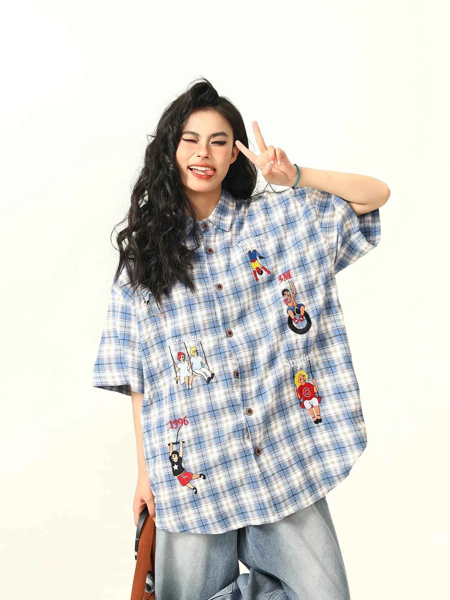 Blue Plaid Cartoon Character Embroidered Shirt