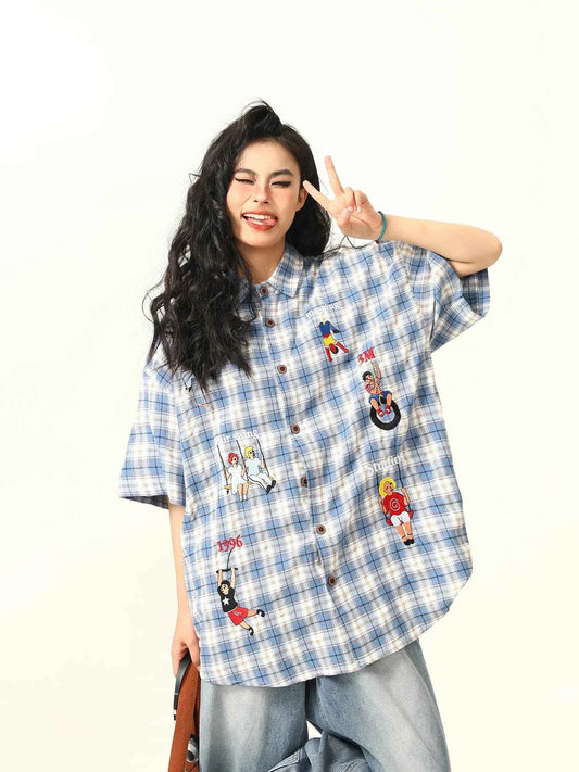 Blue Plaid Cartoon Character Embroidered Shirt