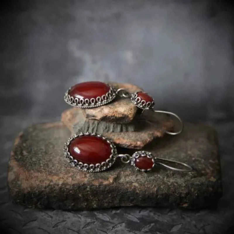 Red Zircon Inlaid Oval Drop Earring