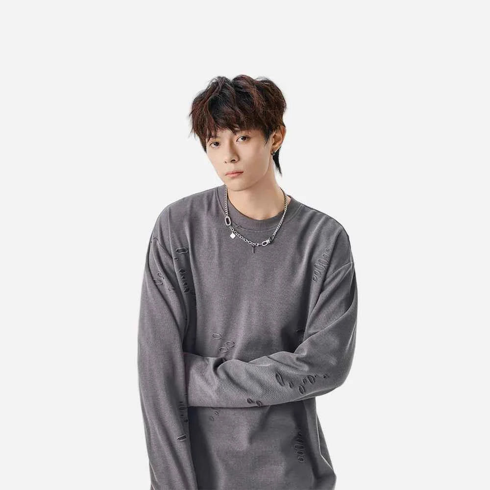 Distressed Solid Color Crew Neck Long Sleeve T-Shirt