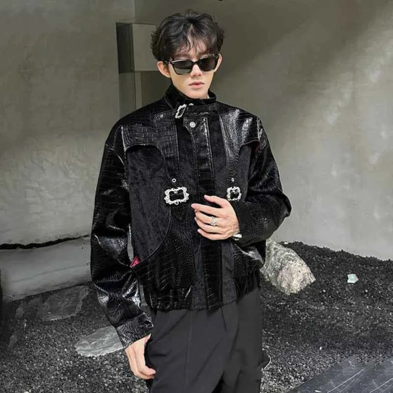 Fashionable Metallic Patchwork Leather Jacket