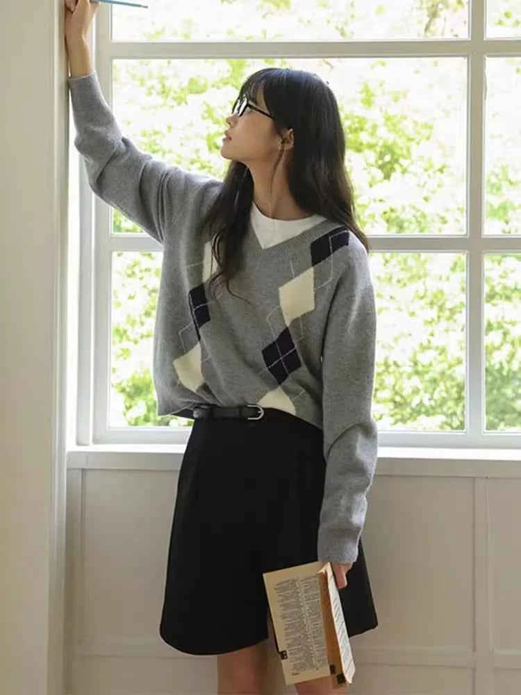 Retro Diamond Grid V-Neck Sweater