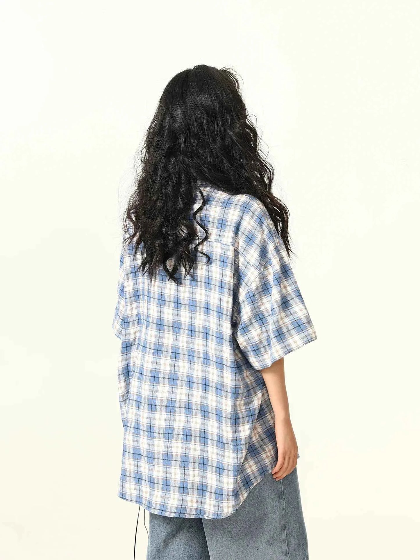 Blue Plaid Cartoon Character Embroidered Shirt
