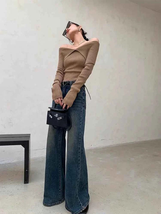 Women Retro Wide Leg Distressed Denim Jeans