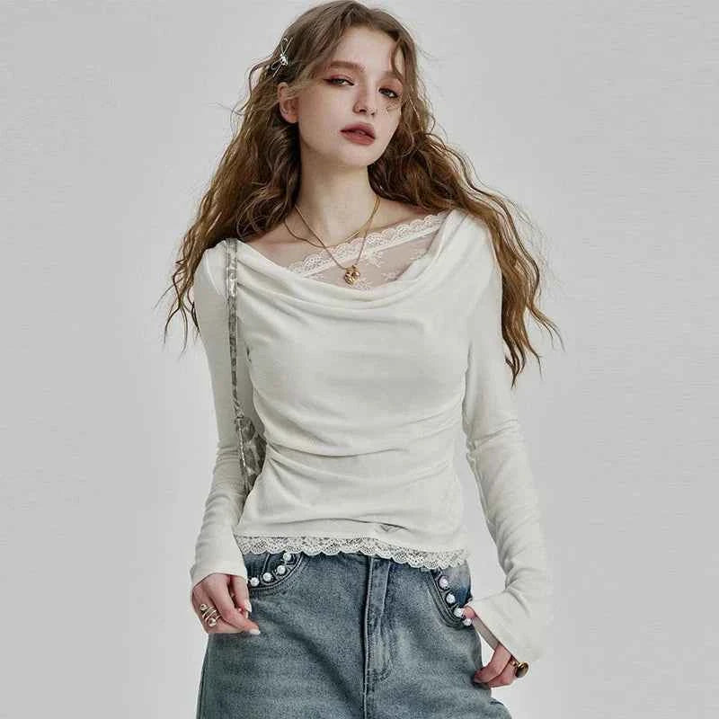 White Lace Pleated Round Neck T-Shirt