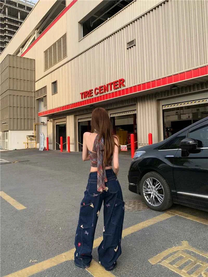 Retro Premium Bear Print Wide Leg Jeans