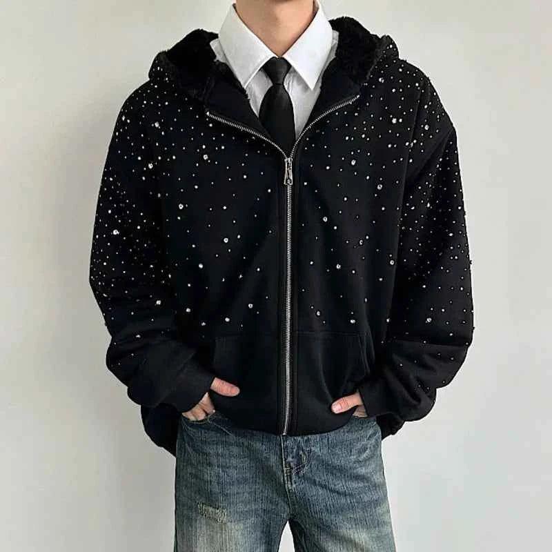 Diamond Patchwork Hooded Faux Fur Sweatshirt