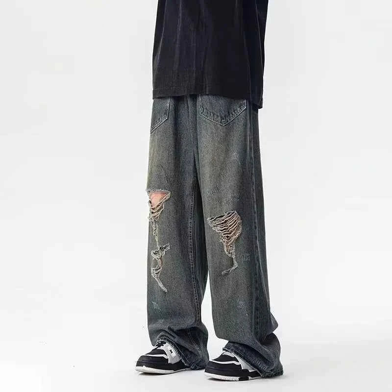 Retro American Ripped Distressed Wide Jeans
