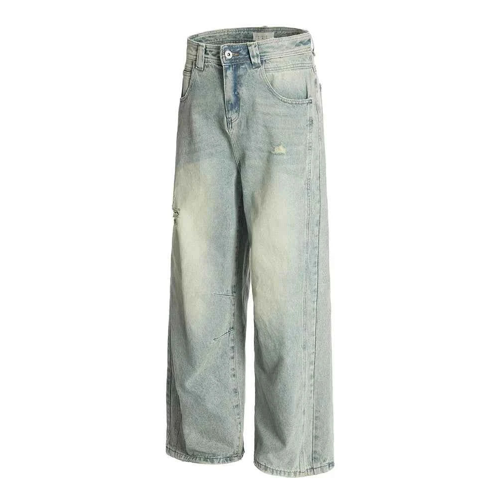 Breathable Distressed Ripped Denim Wide-Leg Jeans