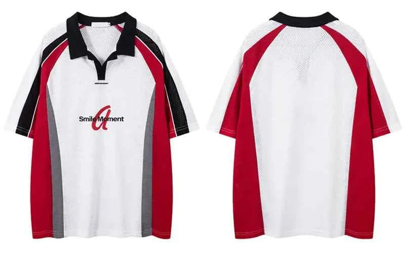 Retro Patchwork Graphic Mesh Jersey Polo Sport T-Shirt