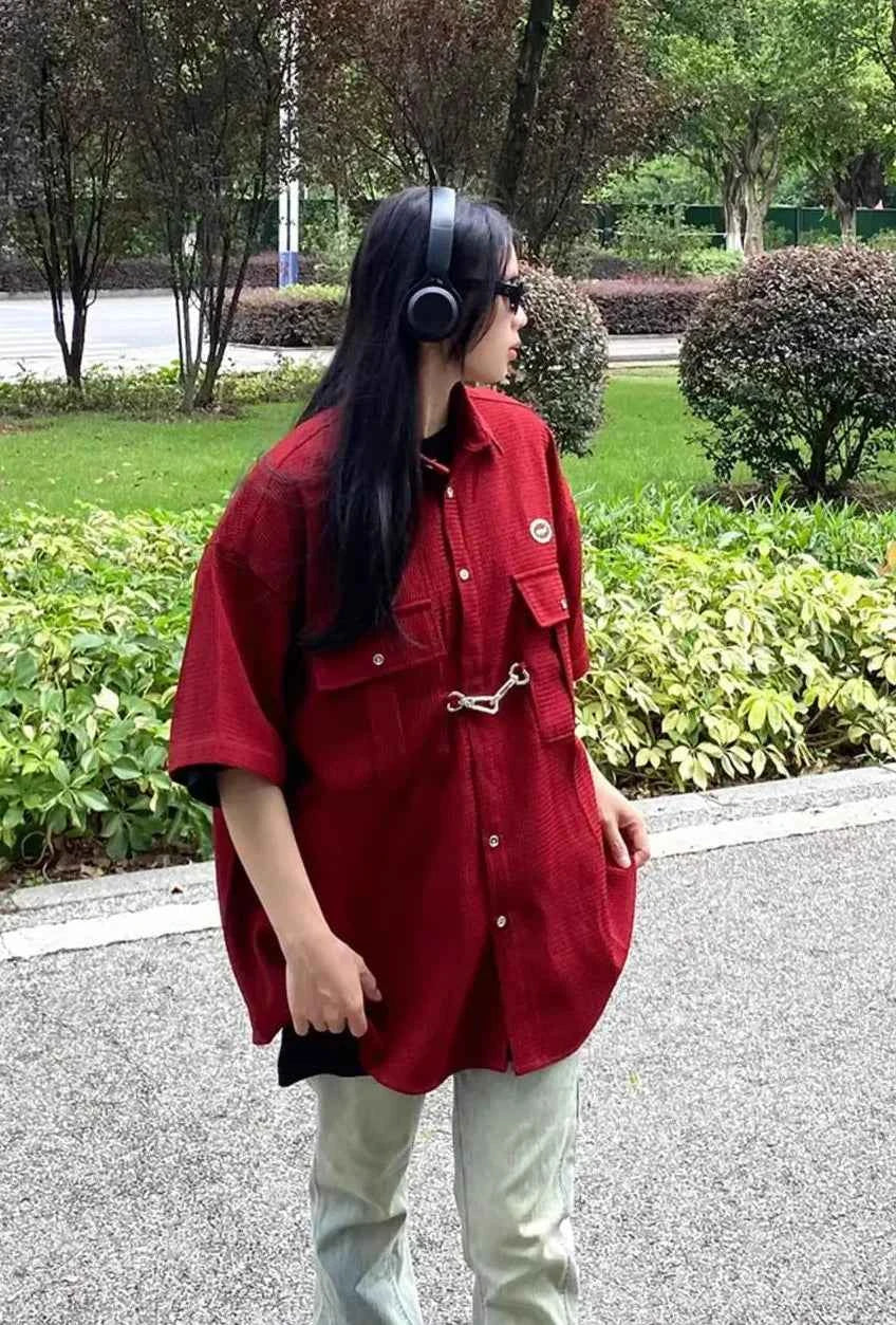 Elevated Retro Waffle Hip Hop Lapel Short Sleeve Shirt