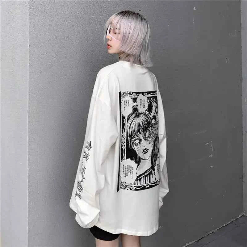 Oversized Korean Style Anime Print Long Sleeve T-Shirt