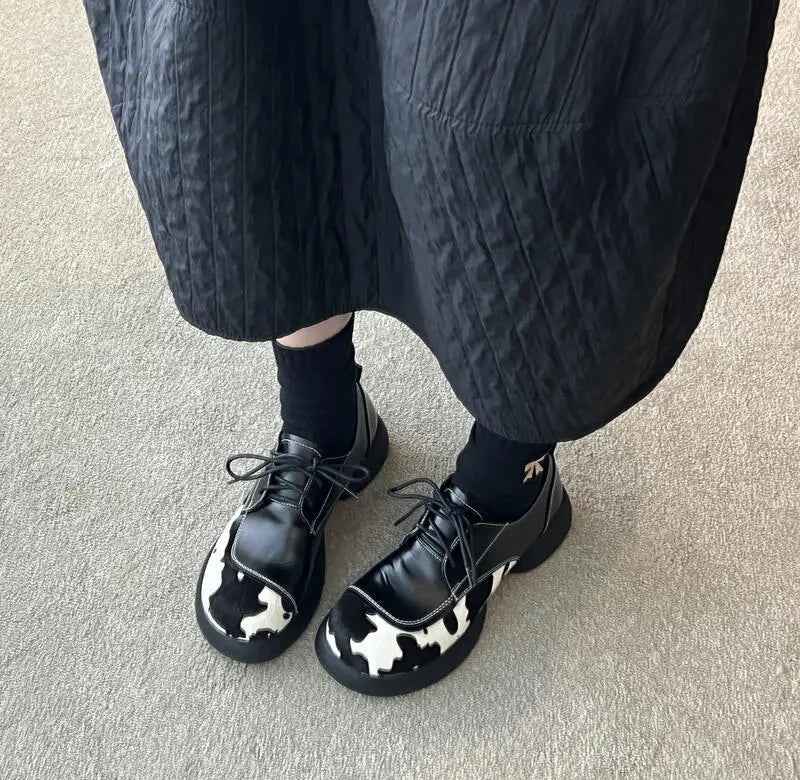 Cowhide Lace-Up Loafers Platform Shoes