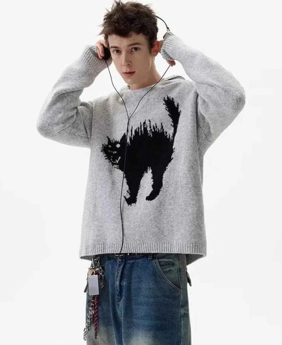 Colorful Japanese Cat Print Knit Hoodie