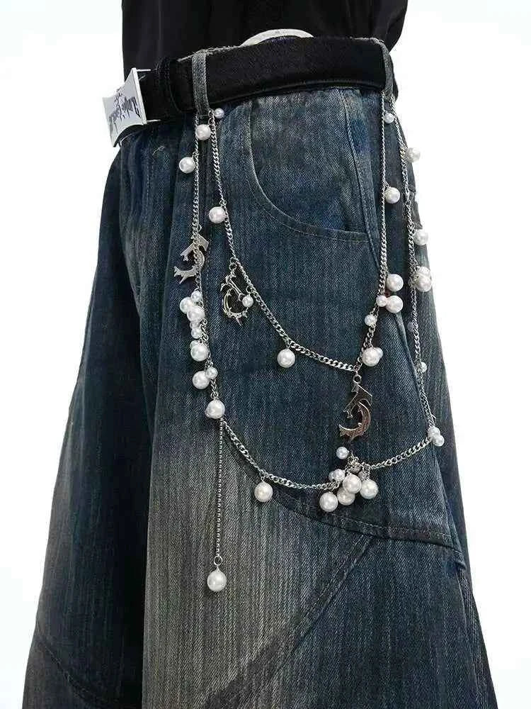 Metal chain decorate loose wide Leg Jeans