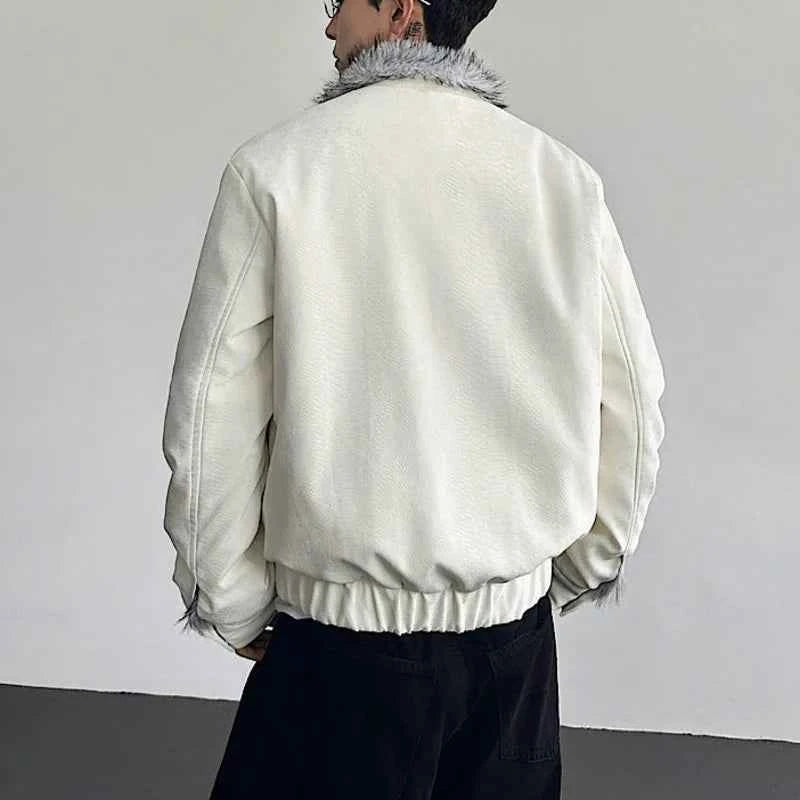 Niche Design Diamonds Fur Collar PU Leather Jacket