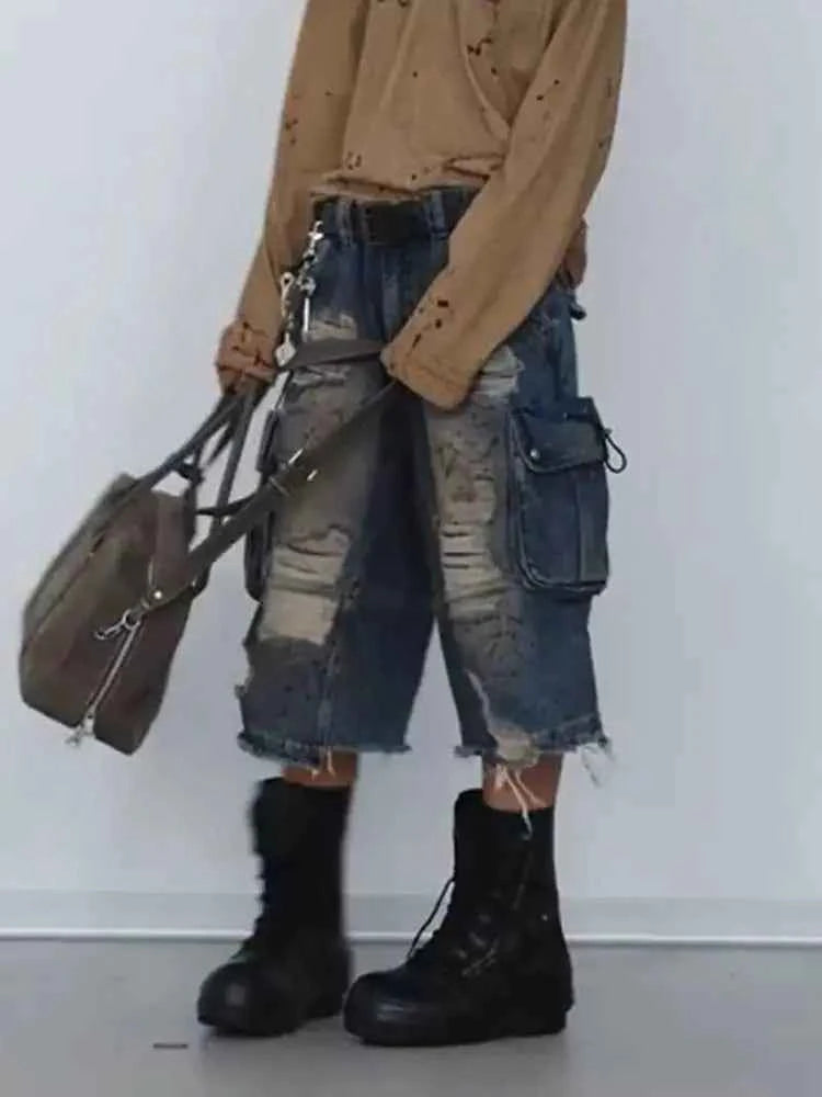Retro Casual Emo Denim Cargo Jorts