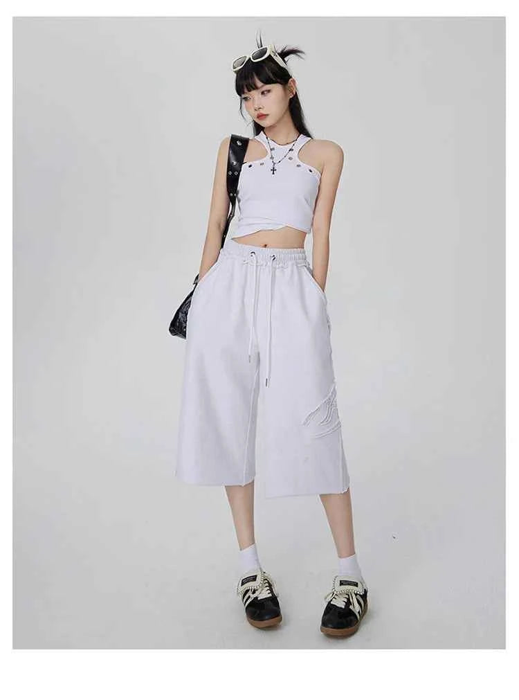 Women Y2K White Wide Leg Drawstring Jorts