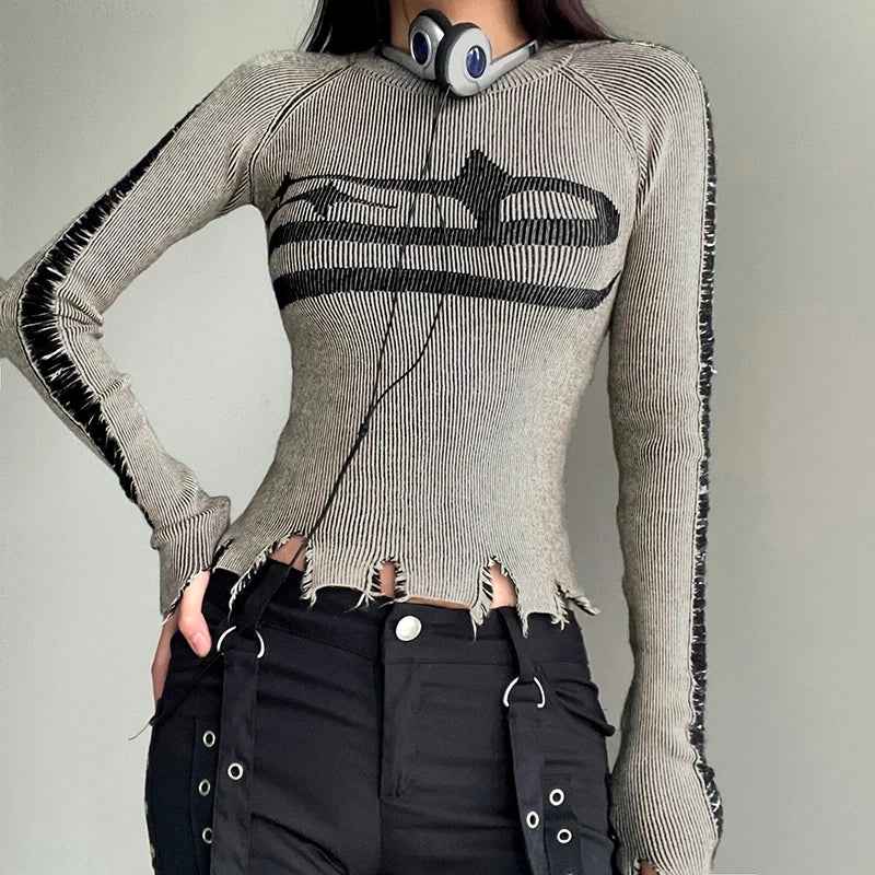 Vintage Patchwork Ripped Long Sleeve Sweater