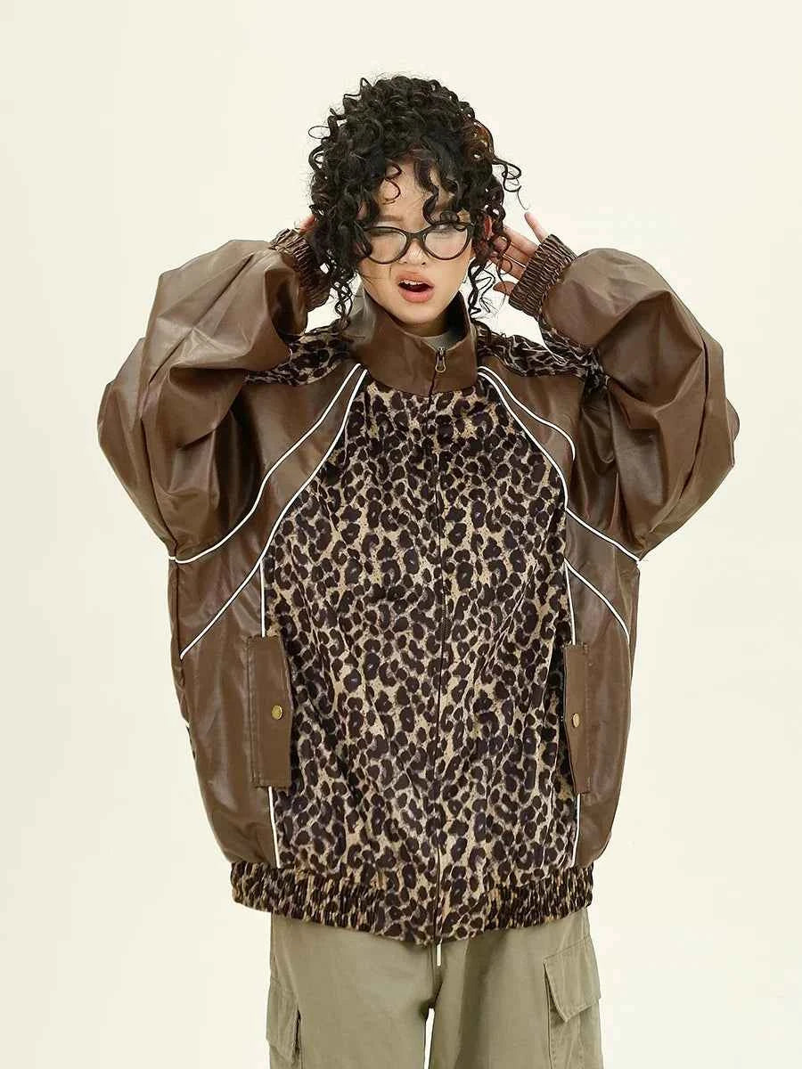 Leopard Print Splicing PU Leather Jacket