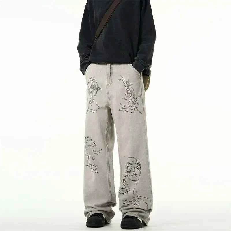 Distressed American Retro Graffiti Graphic Denim Jeans