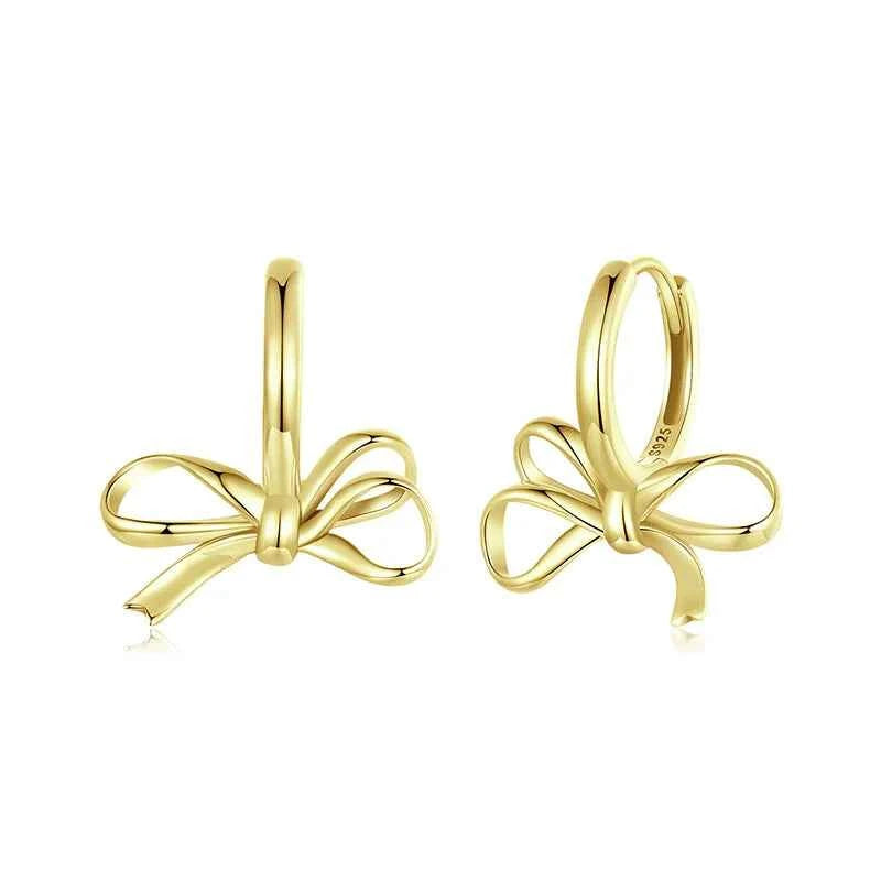 Women Gold Bowknot Hoop Sterling Silver Earrings