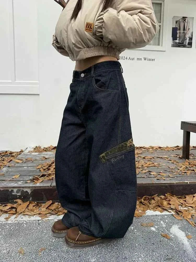 Chic Leopard Spliced Hip Hop Cargo Jeans