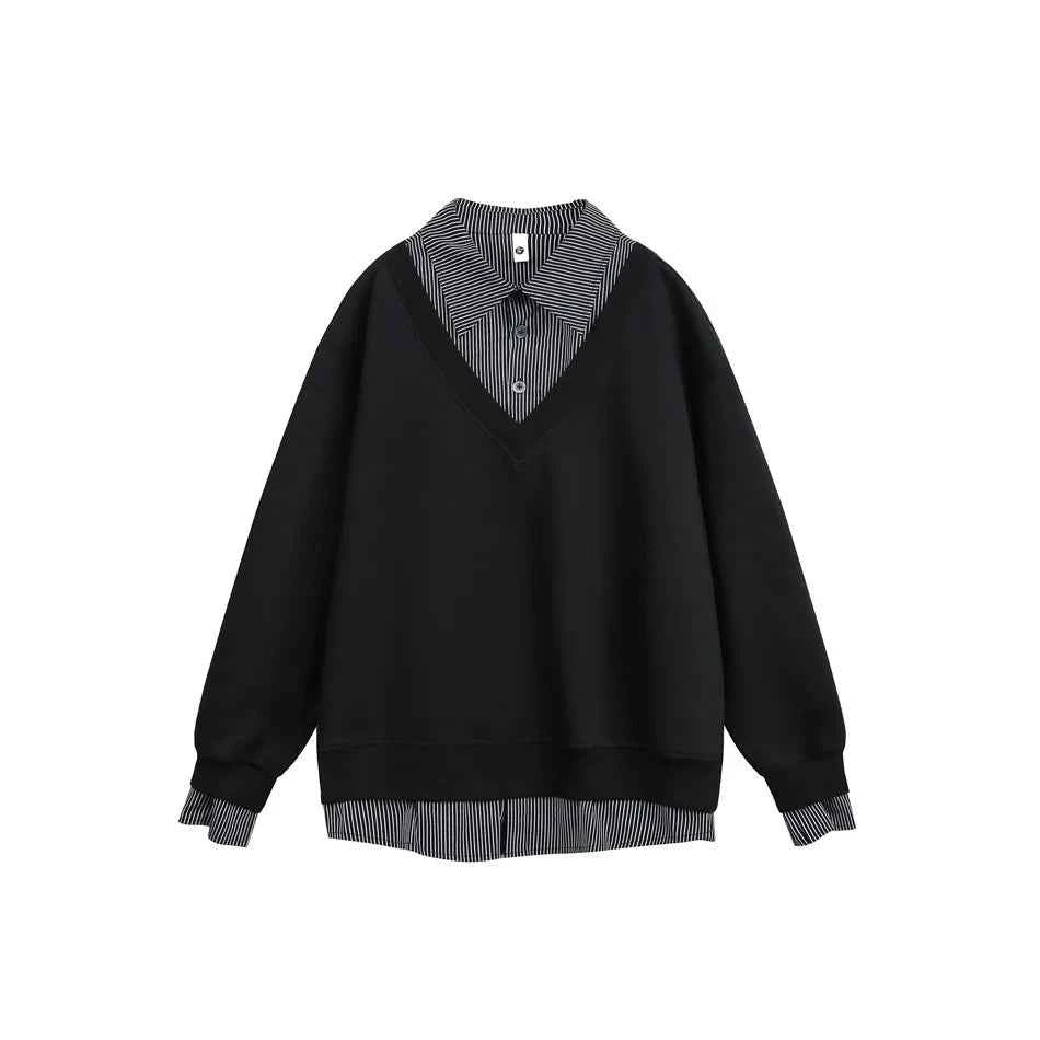 Flattering Casual Loose Striped Polo Sweatshirt