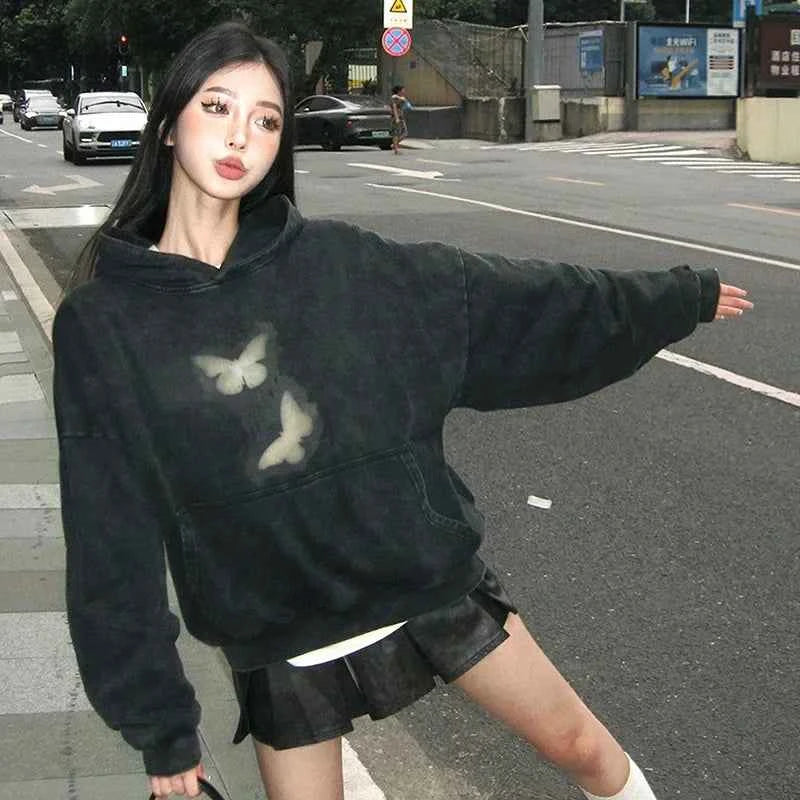 Butterfly Print Washed Black Oversized Hoodie
