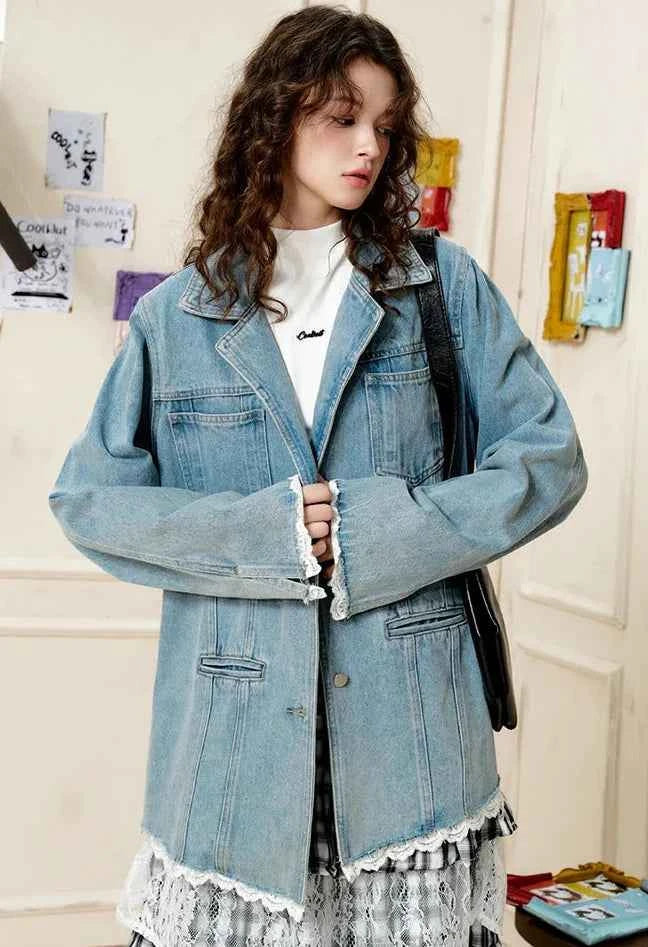 Lace Trim Oversized Denim Classic Jacket