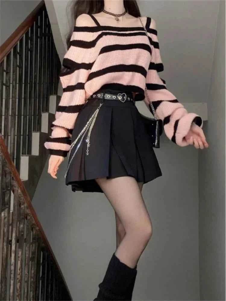 Striped Loose Knitted Cropped Sweater
