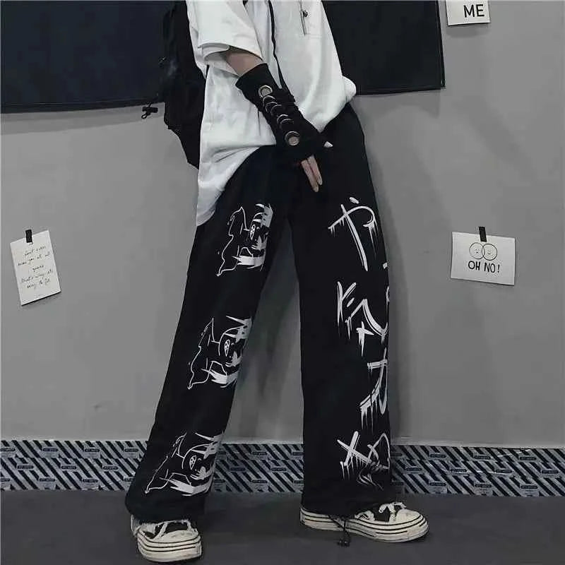 Y2K Japanese Anime Printed Black Pants
