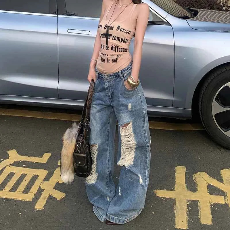 Women Essential Loose Straight Ripped Jeans