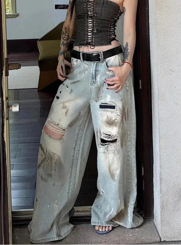 Y2K Streetwear Vintage Blue Boyfriend Ripped Jeans - Luxuryurbanwear