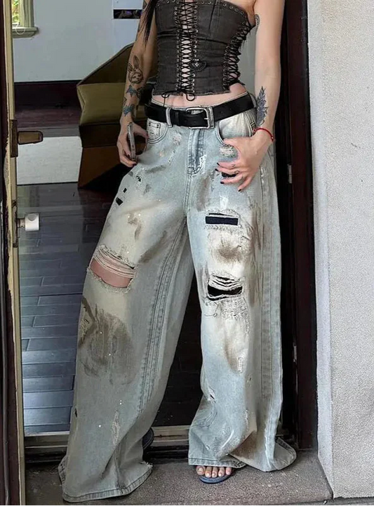 Y2K Streetwear Vintage Blue Boyfriend Ripped Jeans - Luxuryurbanwear
