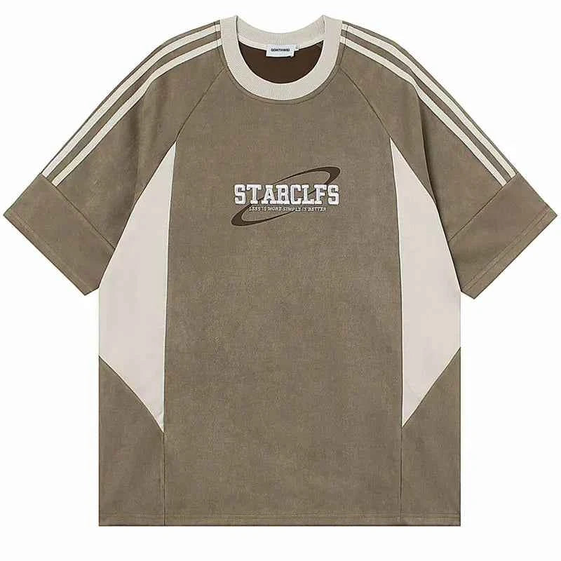 Retro Embroidered Suede Patchwork Racing T-Shirt