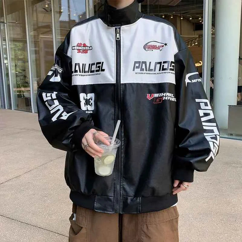 Oversized Embroidery Leather Racing Graphic Jacket