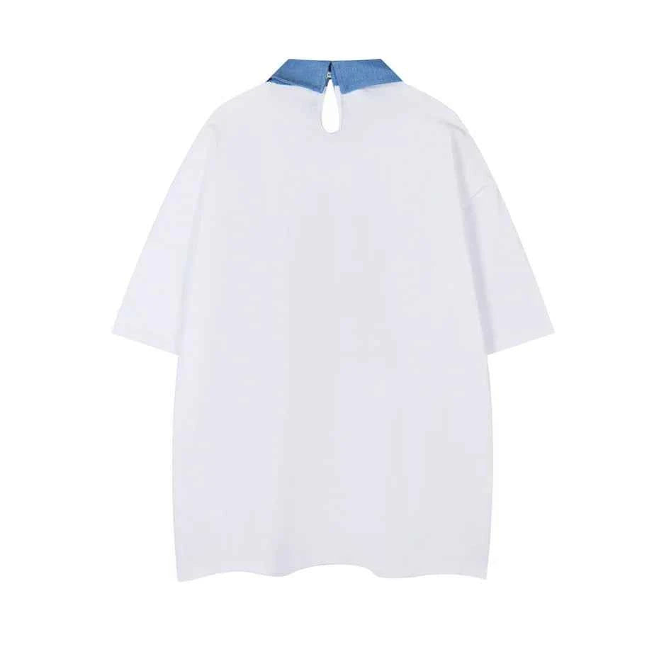 Embroidery Turn Down Collar Patch Cat Hip Hop T-Shirt