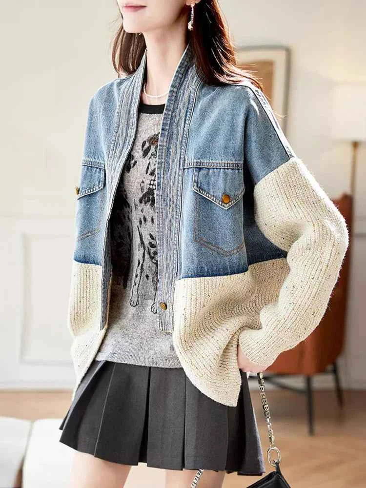 Oversized V-Neck Knitted Loose Denim Jacket
