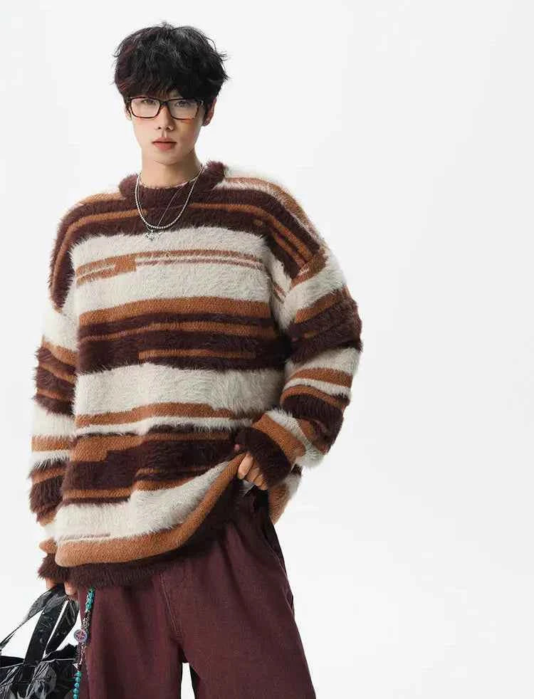 Streetwear Cozy fuzzy Striped Knit Sweater