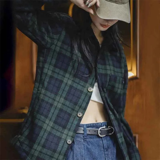 Vintage Blue Green Plaid Loose Shirt