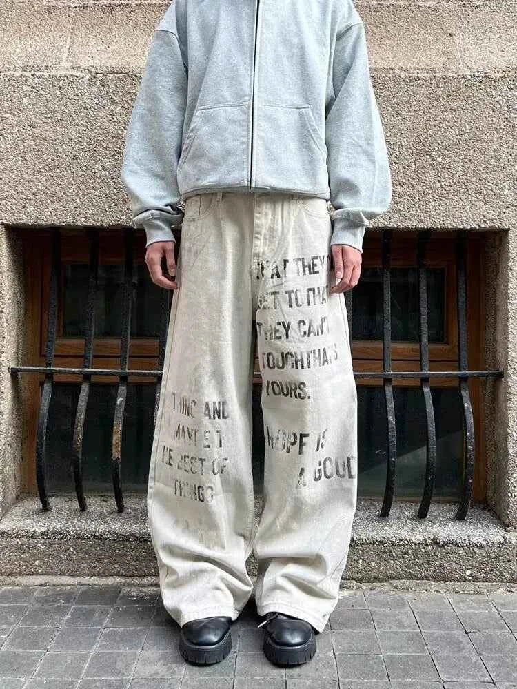 Cyber Y2K Printed White Baggy Jeans