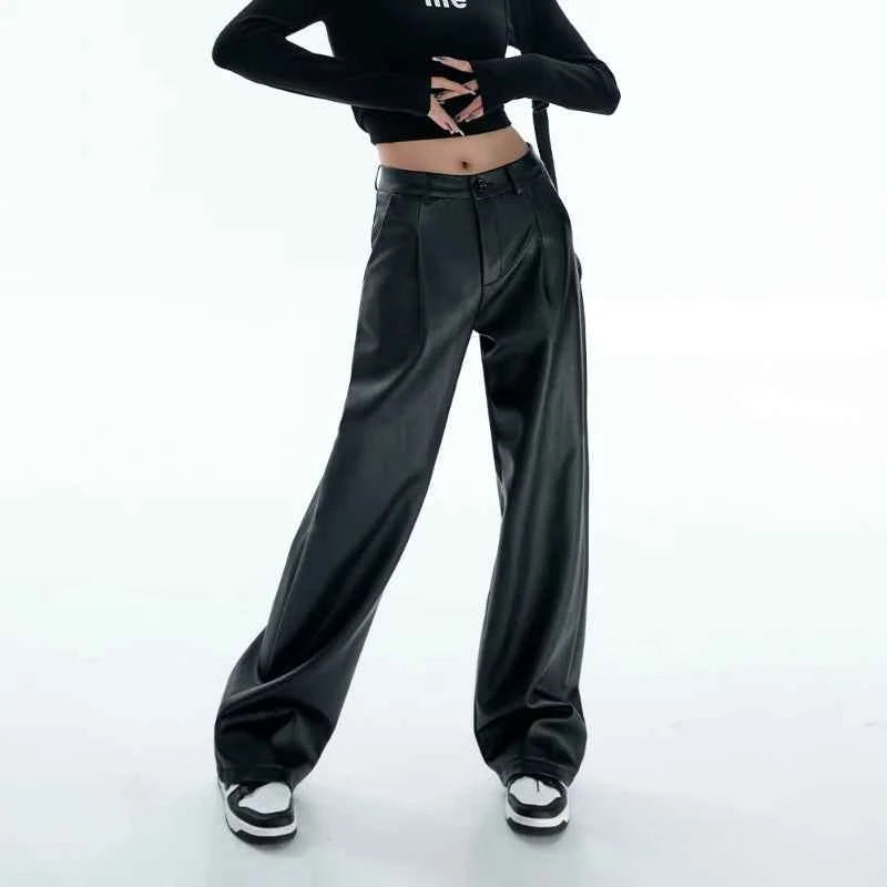 High Waist Black PU Leather Pants