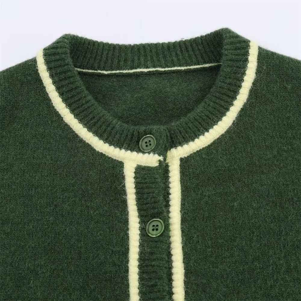 Contrast Color Round Neck Long Sleeve Knit Cardigan