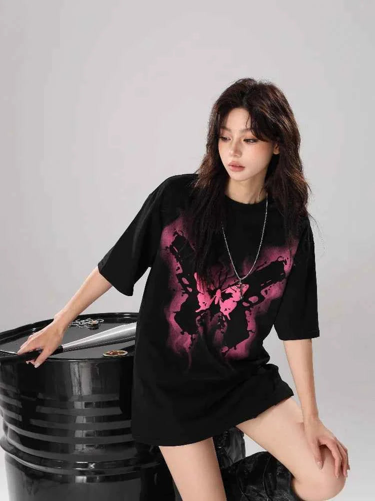 Women Streetwear Butterfly Print Loose Fit T-Shirt