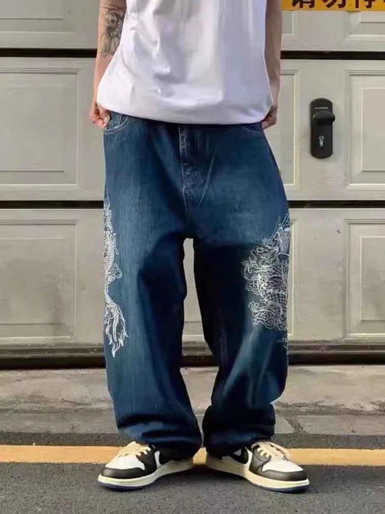 Dragon Embroidered Baggy Blue Wash Jeans