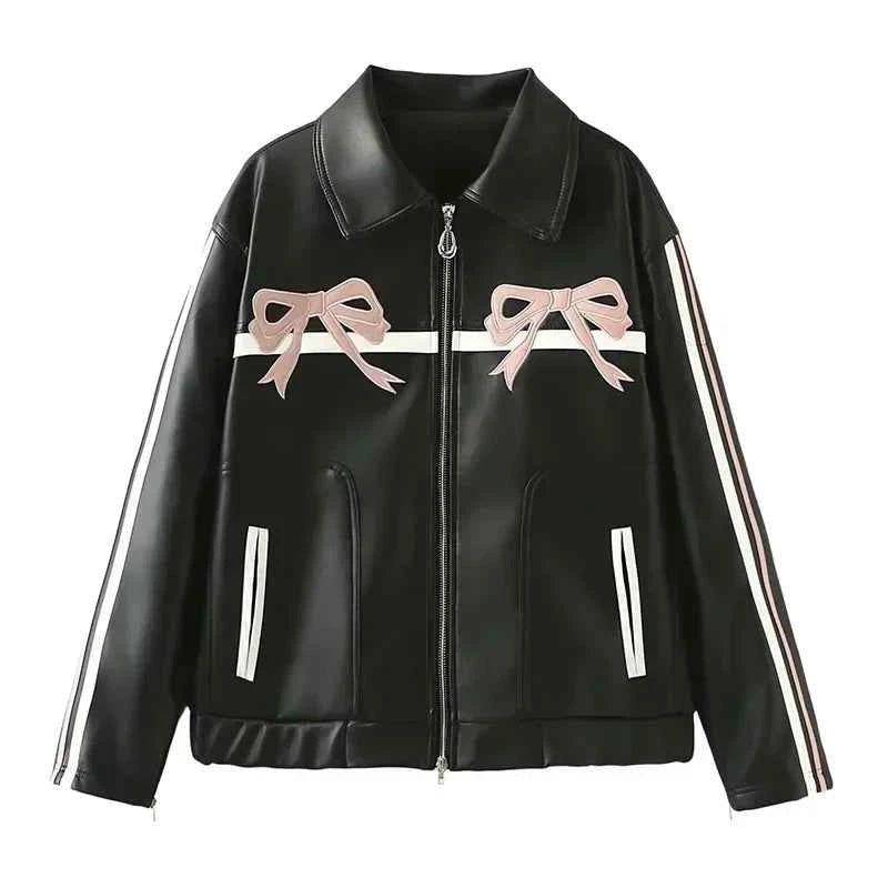 Women Durable Faux Bow Zipper Leather Jacket