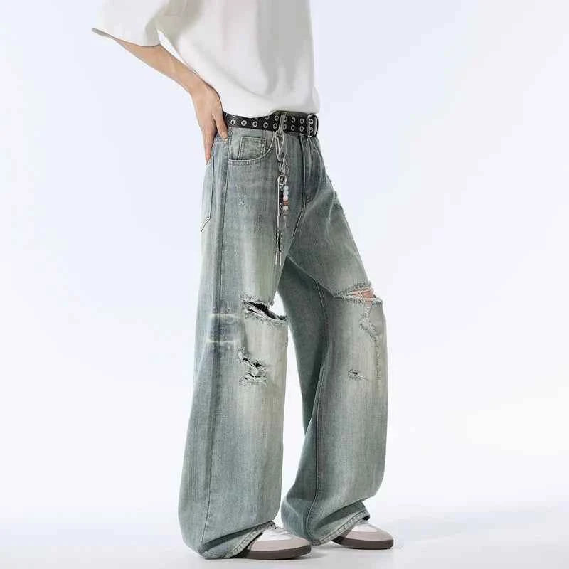 Rugged Blue Distressed Wide Leg Jeans